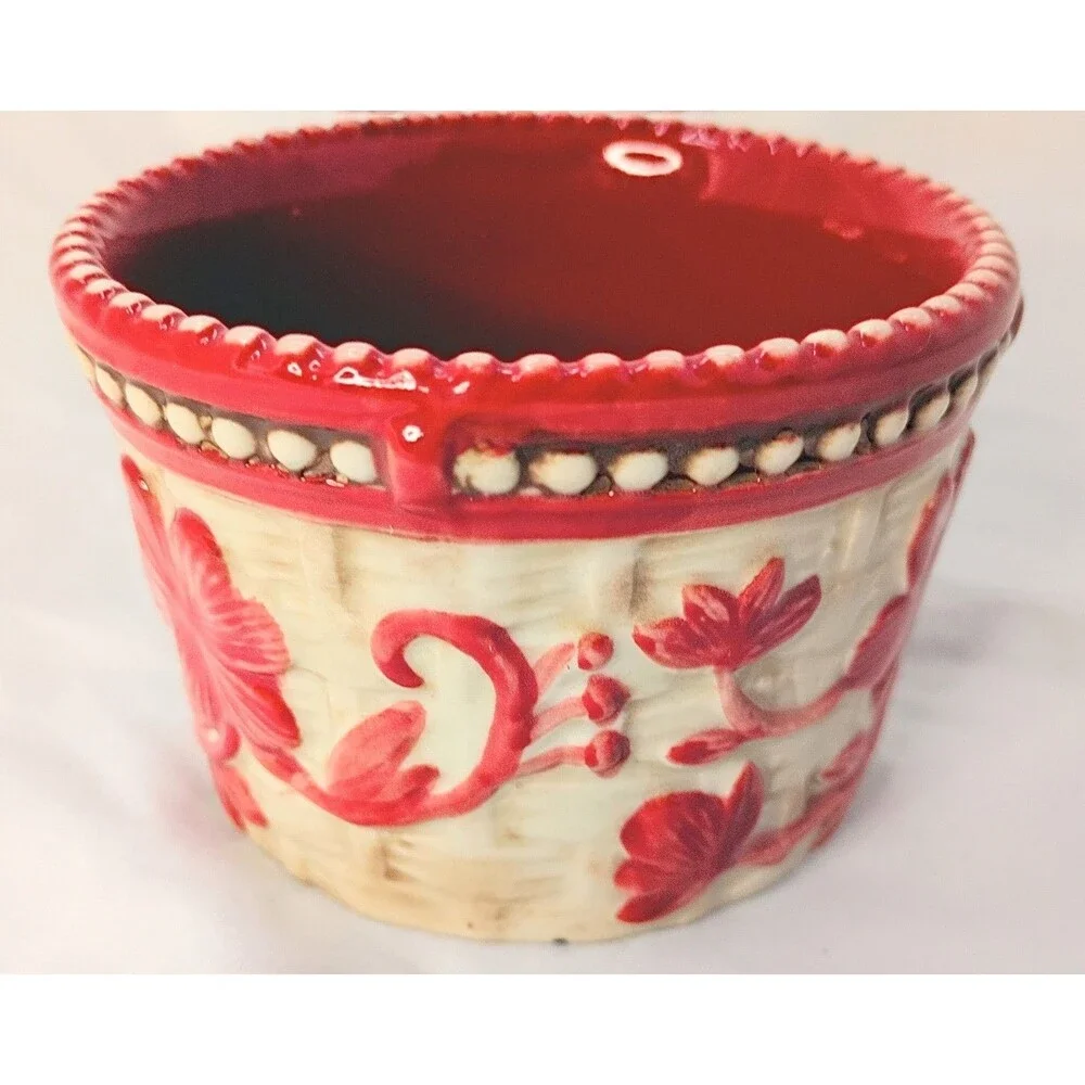 Temptations Floral Lace Ramekin with Lid 6oz Cranberry Red Basket Weave
